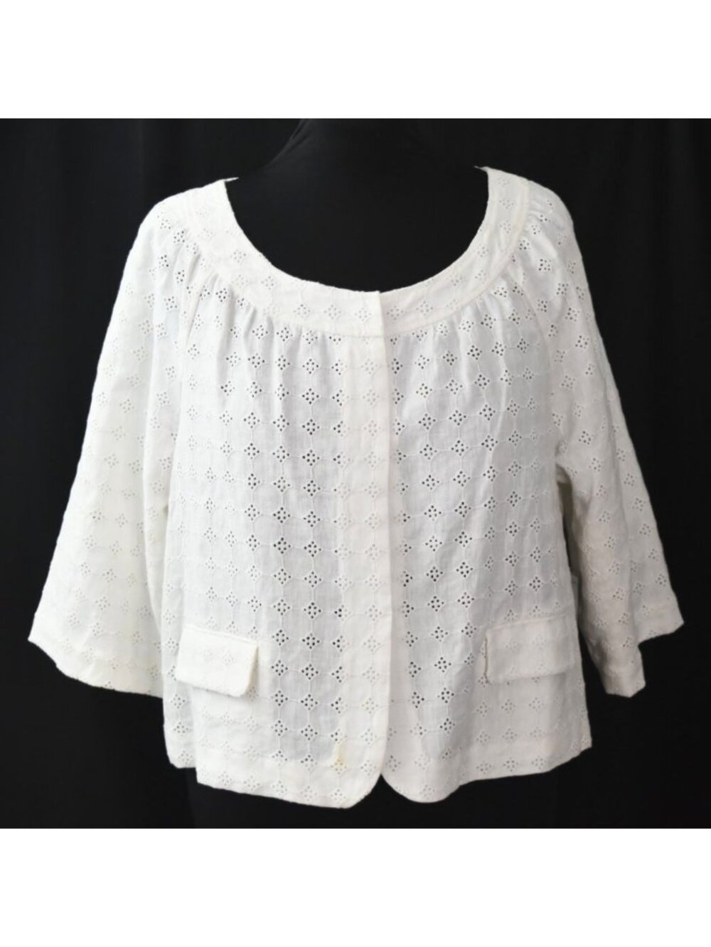 Josephine Chaus Womens White Eyelet Linen Jacket Blouse Size 14 3/4 Sleeves